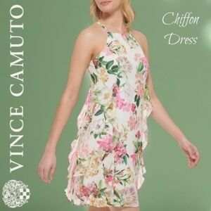 VINCE CAMUTO NWT Chiffon Ruffled Sleeveless Halter Neck Floral Print Dress/14R